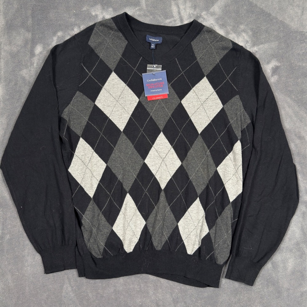 Croft & Barrow Sweater Mens XL Black Gray Argyle V Neck Long Sleeve Preppy NWT